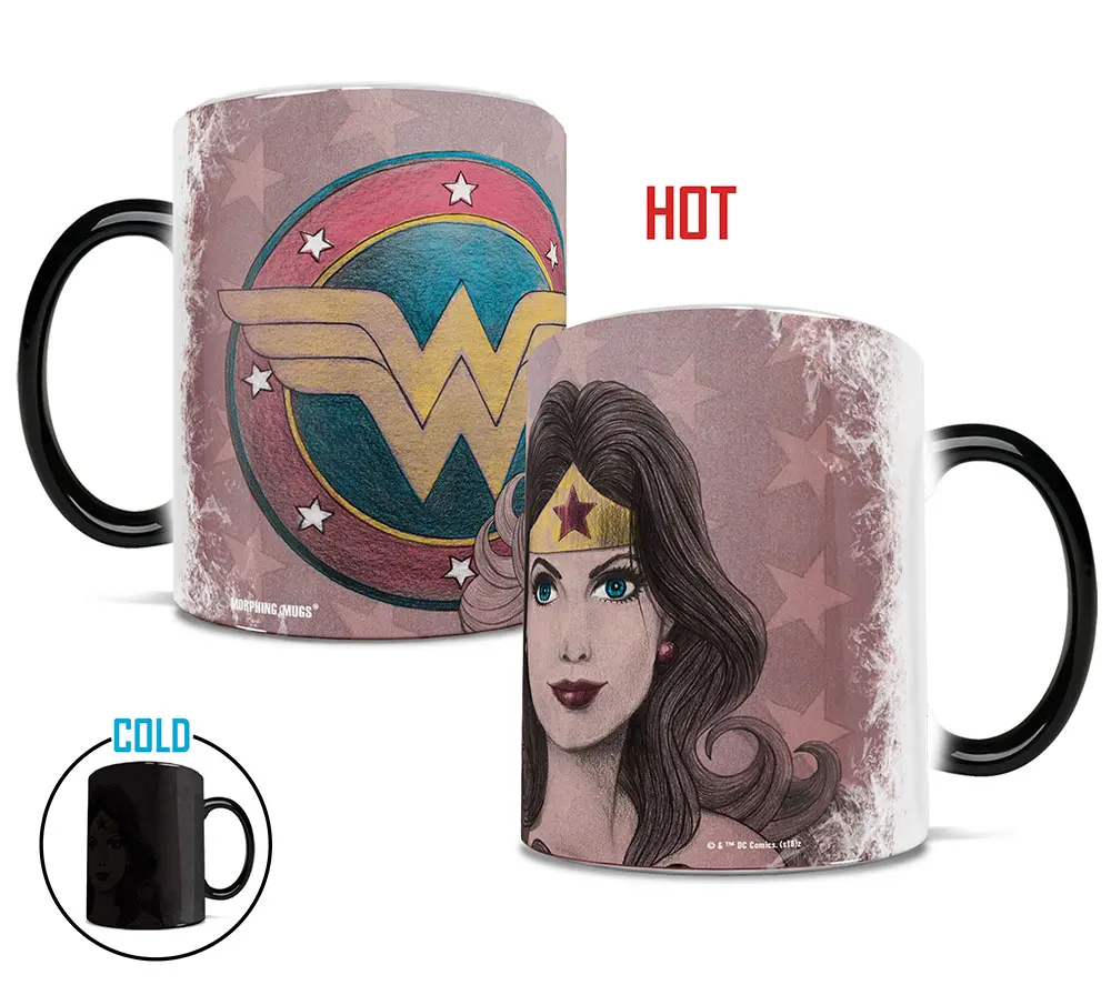 212 MAIN Women's Classic Printed Art Wonder Diana Prince Color Changing Heat-Revealing Thermal Ceramic Coffee Mug - 11oz Vintage Stars Reusable Washable Kitchen Drinkware