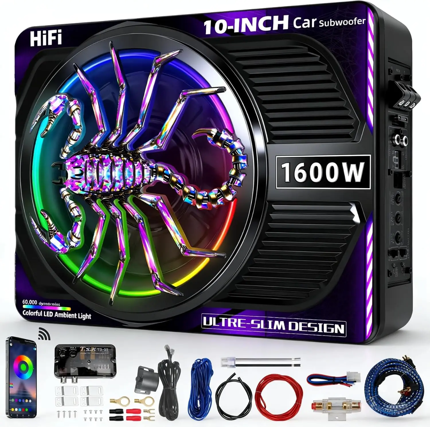 2026 Upgraded 1600W Power 10" Slim Under-Seat Car Subwoofer with Amplifier, Beat-Synced RGB Lights, Multimedia Car Audio Sound Upgrade Component - 200W+ Distortion-Free Output, Individual LPF/Gain/Bass Boost Controls for Trucks