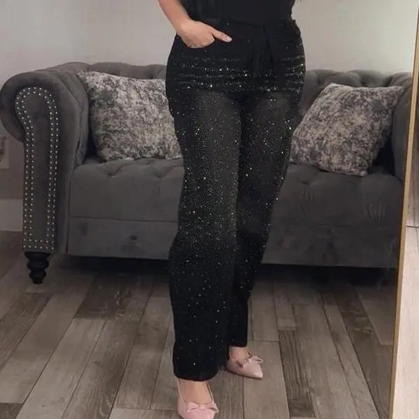 Women’s Black Rhinestone Wide Leg Pants – High Waist Sparkly Dress Pants