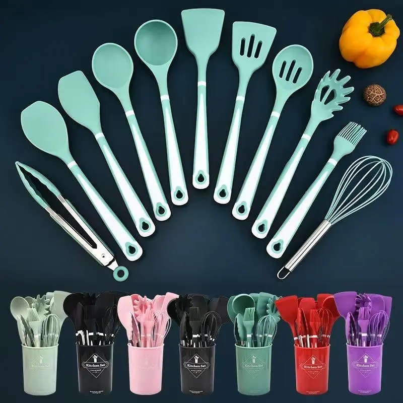 Silicone Cooking Utensils Set, 12pcs/set Non-stick Cooking Utensils & Holder, Heat Resistant Cooking Utensils Set for Kitchen Use, Silicone Spatula Set