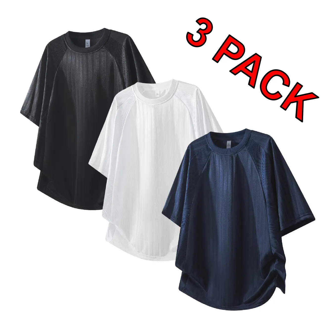 Men’s 3-pack short-sleeve T-shirts with vertical stripes and raglan sleeves, lightweight and breathable casual tops made from textured knit fabric, available in multiple colors, suitable for summer and everyday wear.