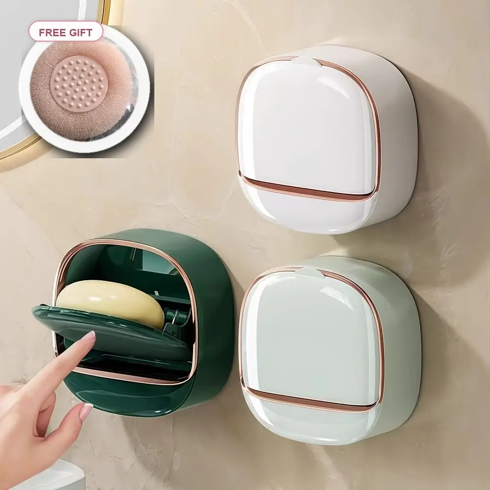 Luxury Wall Mounted Soap Holder with Drain Tray and Free Bath Sponge, Waterproof Adhesive Soap Dish Case Box, Keeps Soap Bars Dry, Bathroom Shower Soap Holder, White