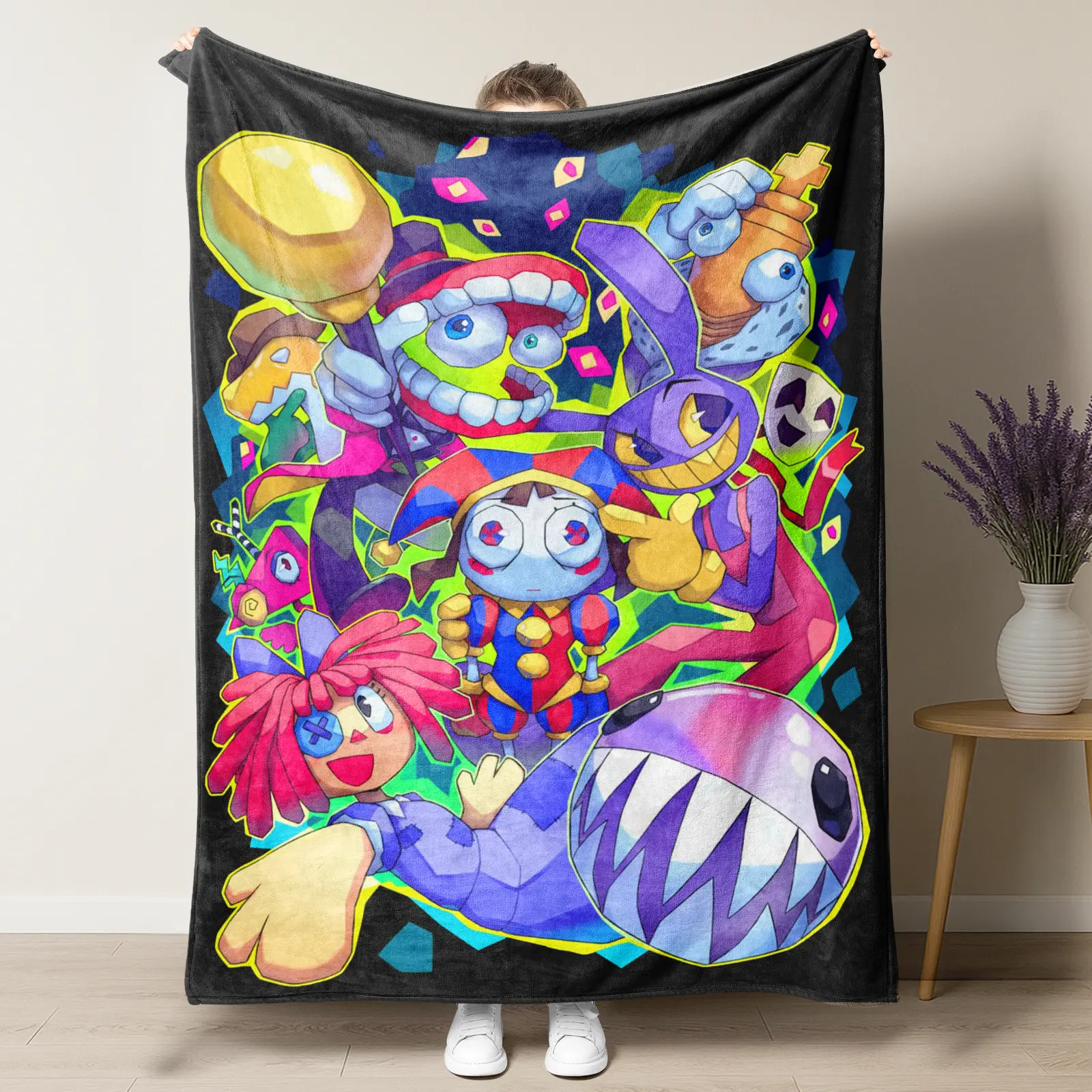The Amazing Digital Circus Neon Fleece Blanket – Bold, vibrant group art of Pomni, Jax & crew with glowing accents, ultra-soft throw for fans of the viral series