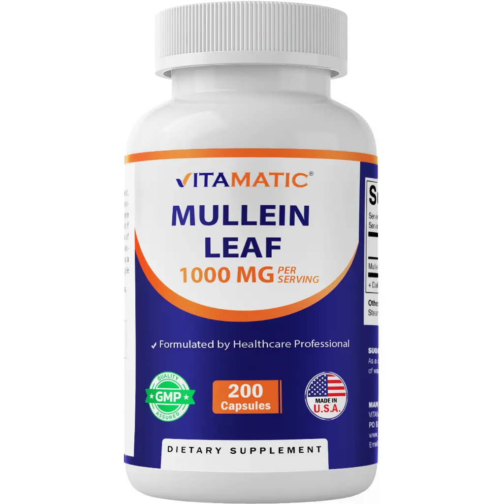 Vitamatic Mullein Leaf Herbal Supplement - 1000mg per Serving, 200 Capsules, Gluten-Free US-Made, Supports Respiratory, Bronchial & Immune Function, Digestive Support, Immune Support