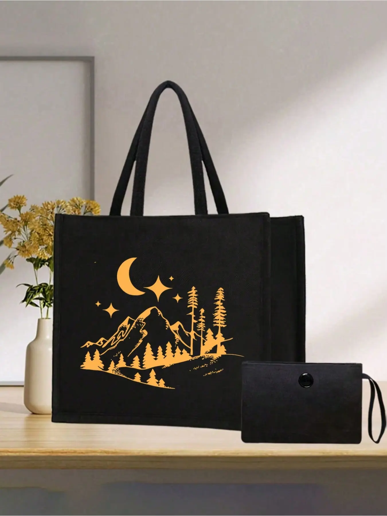 Large linen bag set with star, moon & mountain prints. Can be worn as shoulder or hand bag. Comes with coin purse and makeup pouch. Arabian style, ideal for Ramadan, prayer, short trips, school and gifting.