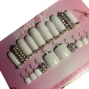 Rhinestone White Press On Nails & Toe Set with Sparkling Gems for Elegant Manicure