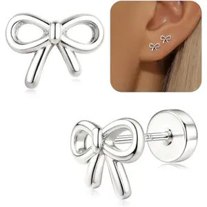 CASSIECA 20g Female Tiny Bow Tie Metal Coated Flat Back Stud Earrings, Hypoallergenic Helix Cartilage Piercing Jewelry, Dainty Daily Wear Silver/Gold Gift Option SummerVibes