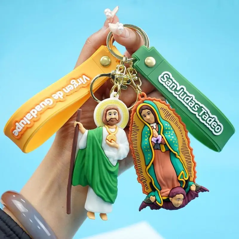 Cute Silicone Our Lady of Jesus & Virgin de Guadalupe Keychain - Anime Cartoon Wristband Charm with Cross, Dove, and Holy Symbols, Perfect for Women, Bags, Backpacks, Cars, and Keys