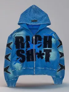 Retro washed printed hooded sweatshirt with lining fabric, zipper hooded jacket, tough reinforced stitching, star decal patch, oversized loose fit, full zipper, streetwear pattern jacket, skin friendly, thick men's and women's hoodies
