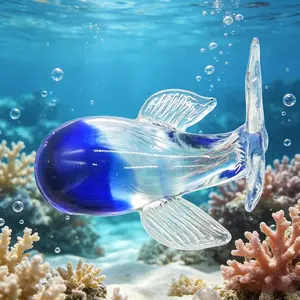 Murano Style Blue Glass Whale Craft, Hand Blown Desktop Decor, Elegant Coastal Living Room Entrance Decoration, Unique Art Piece