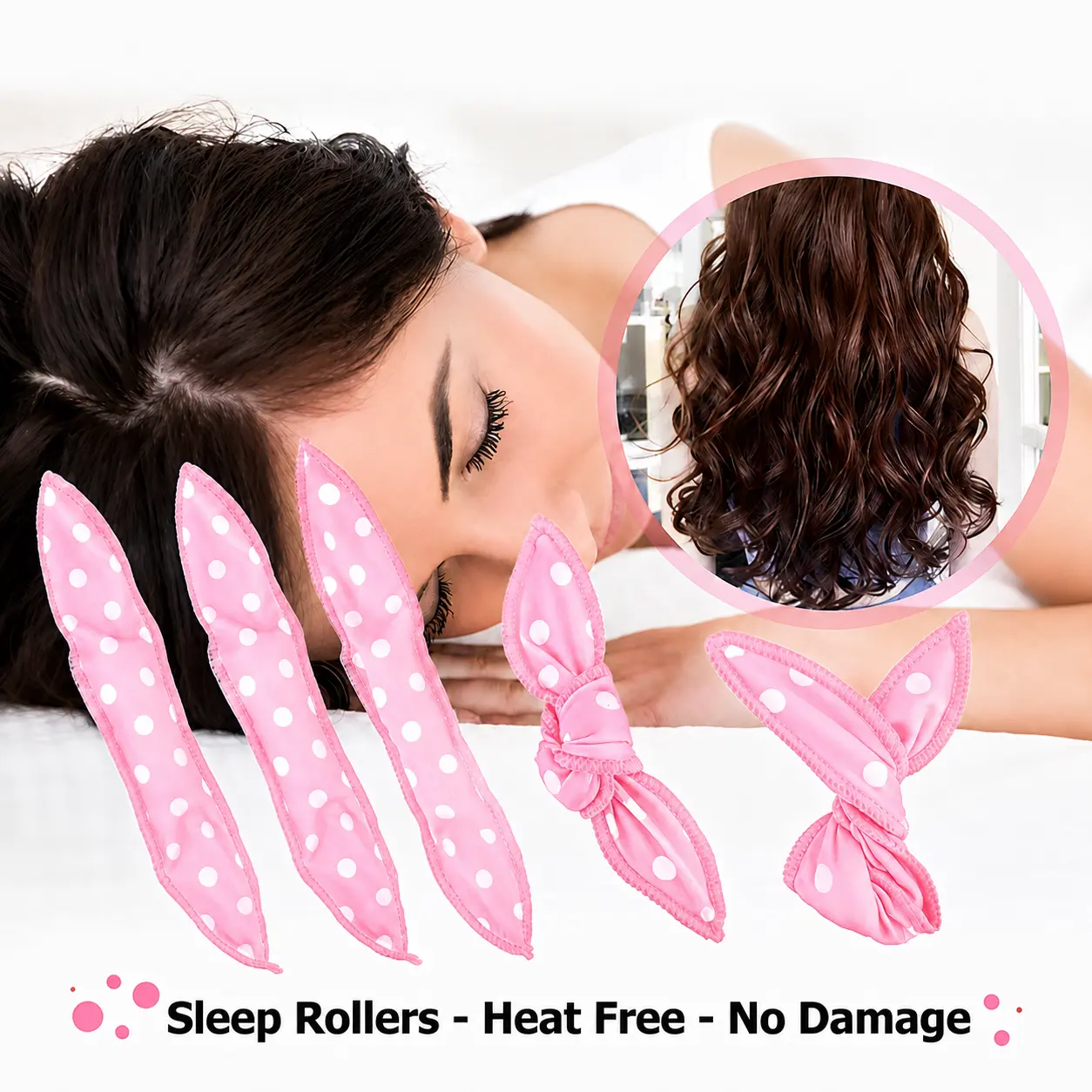 Flexible Soft Heatless Hair Curler Set, 10Pcs Sleeping Hair Rollers, Pink Polka Dot No Heat Wave Curlers, DIY Sponge Hair Styling Tool for Home & Travel