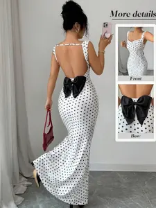 Elegant Retro Polka Dot Backless Sleeveless Patchwork Bow Fish Tail Formal Dress, Perfect for Dates and Parties, Chic and Alluring Set, Spring and Summer, Womenswear