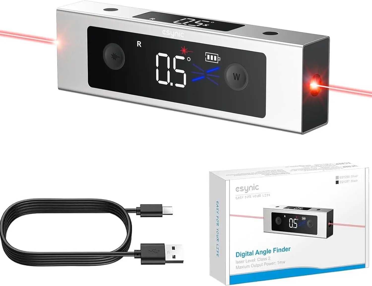 Portable Digital Angle Detector with IP54 Waterproof, Dual-Axis Laser (Class II), 2 LCD Backlit Displays, USB-C Rechargeable, Level L Case and Laser Functionality, Aluminum Alloy, Angle Measuring, Ip54 Rated, Laser Measure Inclinometers