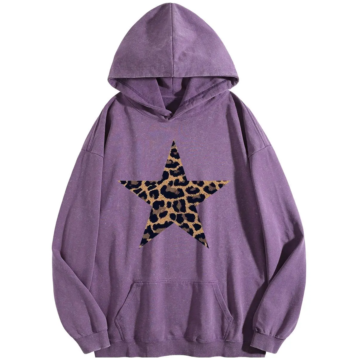 Holafish Women's Cotton Long Sleeve Pullover Hoodie Sweatshirt Top - Cute Fashion Queen Leopard & Star Print, Acid Wash, Vintage, Oversized Loose Fit, Winter Warm, Comfortable Streetwear Casual Blouse DF010, Fabric, Leopard Print, Biker