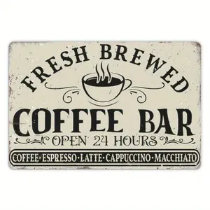 1pc Vintage Coffee Bar Sign, Frameless Wall Art, Retro Open 24 Hours Decor, Fresh Brewed Coffee Shop Kitchen Wall Hanging, 12x8 inches