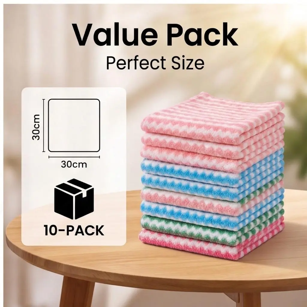 Multipurpose Microfiber Cleaning Cloths (1 Pack of 10), 30x30cm (11.8x11.8in) Reusable, Soft, Absorbent, Quick-Dry, Lint-Free Streak-Free Wipe Rags for Kitchen, Glass