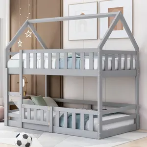[Bellemave]Twin over Twin House Bunk Bed with Fence and Door