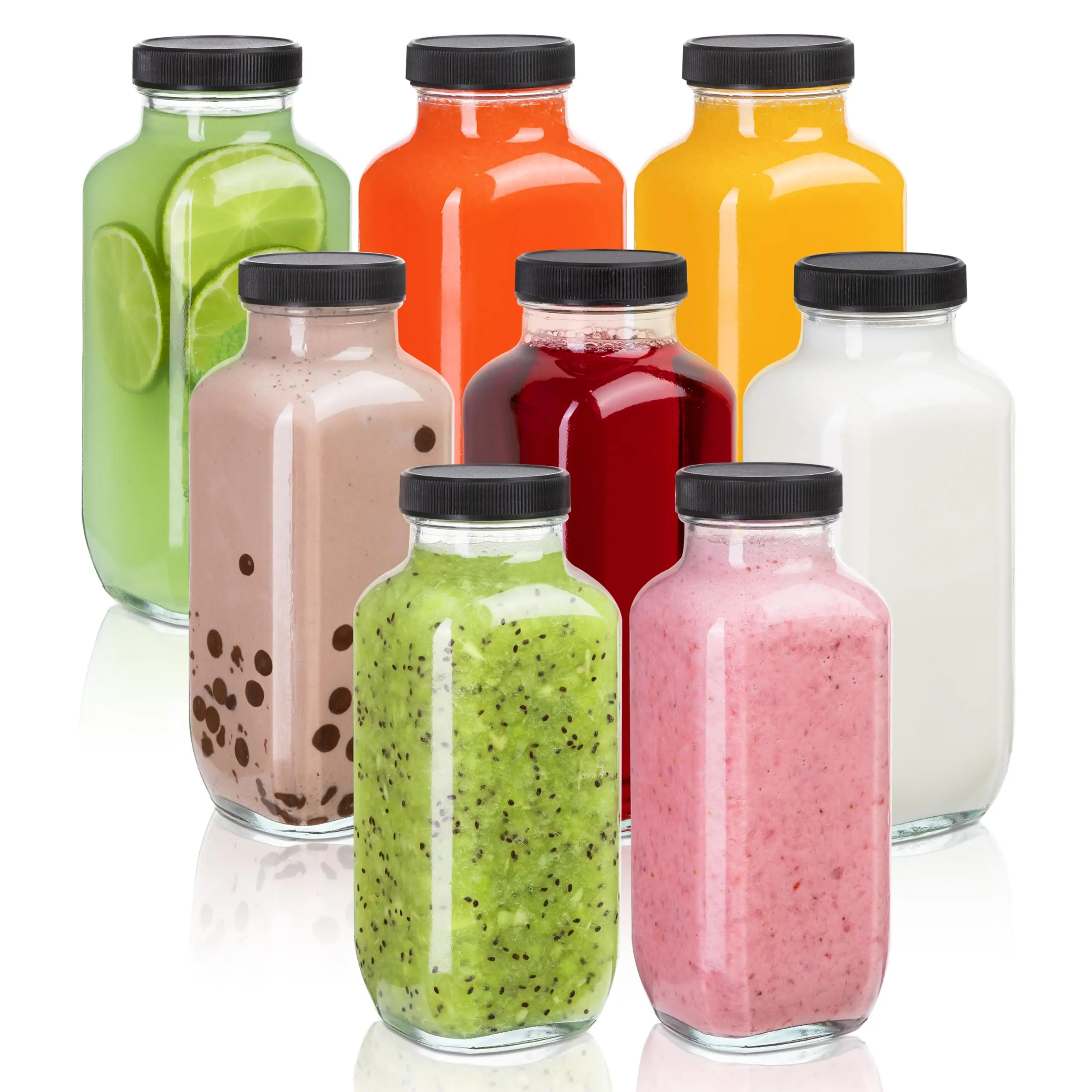 Juice Bottles with Lids, 16 Oz - Set of 8 - Clear Glass Jars with Caps - Reusable Empty Drink Containers for Juicing, Smoothies, Water, Milk, Kombucha Storage, Wellness Shots and More (8)