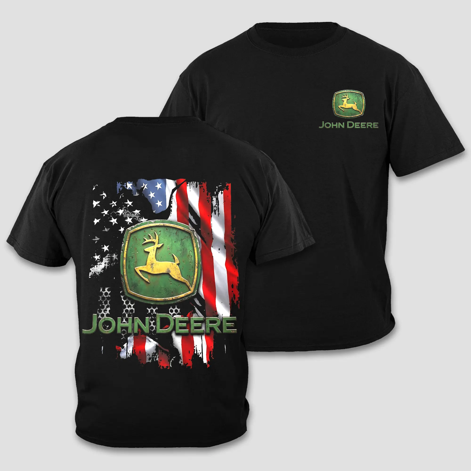 John Deere T-Shirt, Leaping Deer Green Yellow Logo Tee, American Flag Graphic Top, Distressed US Stars Stripes Shirt, Farm Tractor Machinery Gear, Patriotic Country Workwear, Men Women Short Sleeve Premium Black Cotton Apparel Gift For Farmer