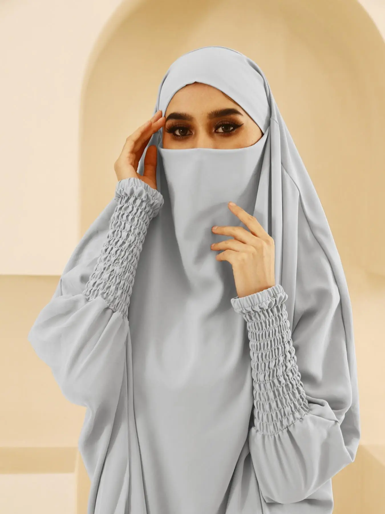 Women's Solid Color Shirred Batwing Sleeve Abaya, Boho Fashion Long Sleeve Hooded Dress for Daily Wear, Ladies Islamic Clothing for All Seasons