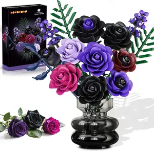 HOGOKIDS Flowers Bouquet Building Set - 14 Purple Roses Botanical Collection Building Block, 546PCS Artificial Black Rose Gothic Floral Home Office Decor, Mother's Day Birthday Gifts for Women Adults