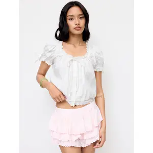 Cider 100% Cotton Square Neck Puff Sleeve Lace Panel Blouse