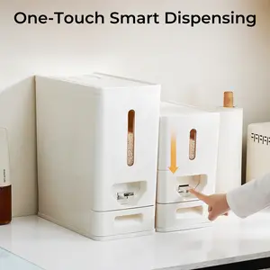 UFORU Rice Storage Container for Kitchens and Pantries: Press-to-dispense design saves space + airtight seal keeps out pests and dust BPA-free construction with transparent viewing window + drawer-style measuring scoop Ideal for busy moms