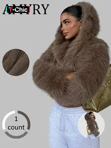 Women's Casual Fashion Hooded Faux Fur Soft Fitted Coat, Casual Chic Outerwear, Thick Woven Fabric Outerwear, Warm Short Winter Jacket, New Arrival, Womenswear