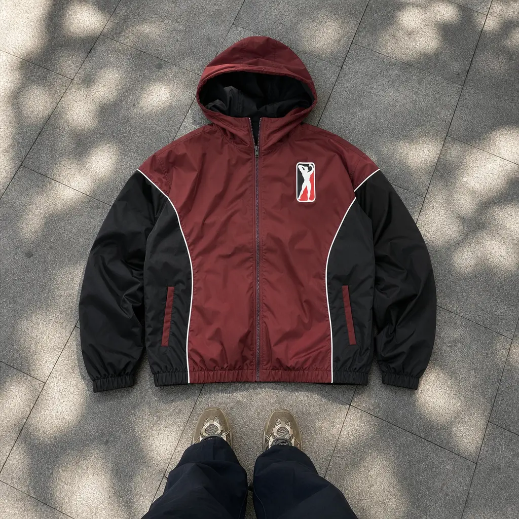 Veiskor Men's American Retro Block-Color Lightweight Hooded Windproof Polyester Sports Jacket - Burgundy and Black Contrast Panels, Basketball Embroidery, Lightweight Jacket, Block-Colors