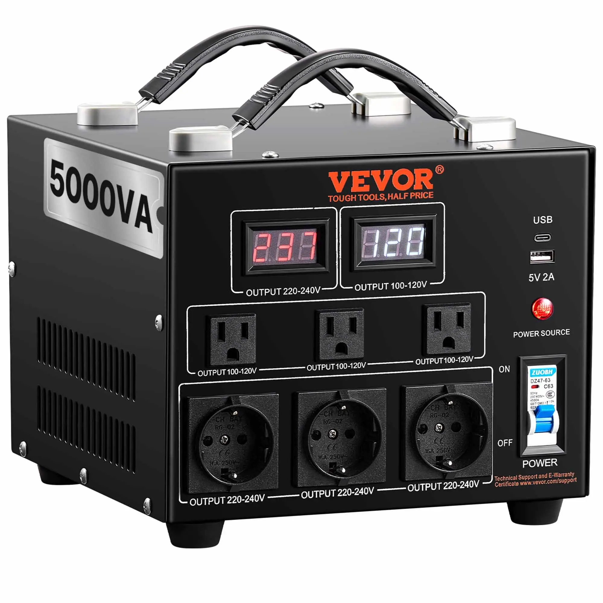 【Summerfinds】VEVOR Voltage Converter Transformer, 5000W, Heavy Duty Step Up/Down Transformer, Convert from 110 Volt to 220 Volt and  from 220 Volt to 110 Volt, with US Outlet EU Outlet 5V USB Port, CE Certified