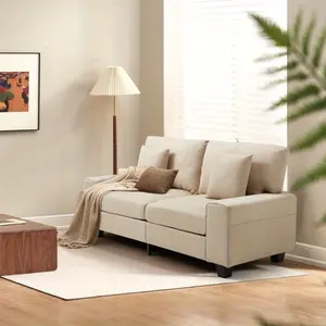 70.9" Beige Linen Loveseat - Upholstered Two-Seater Sofa with 2 Soft Cushions & Side Storage, Round Arms, Comfortable Durable Design for Small Spaces, Apartments & Offices