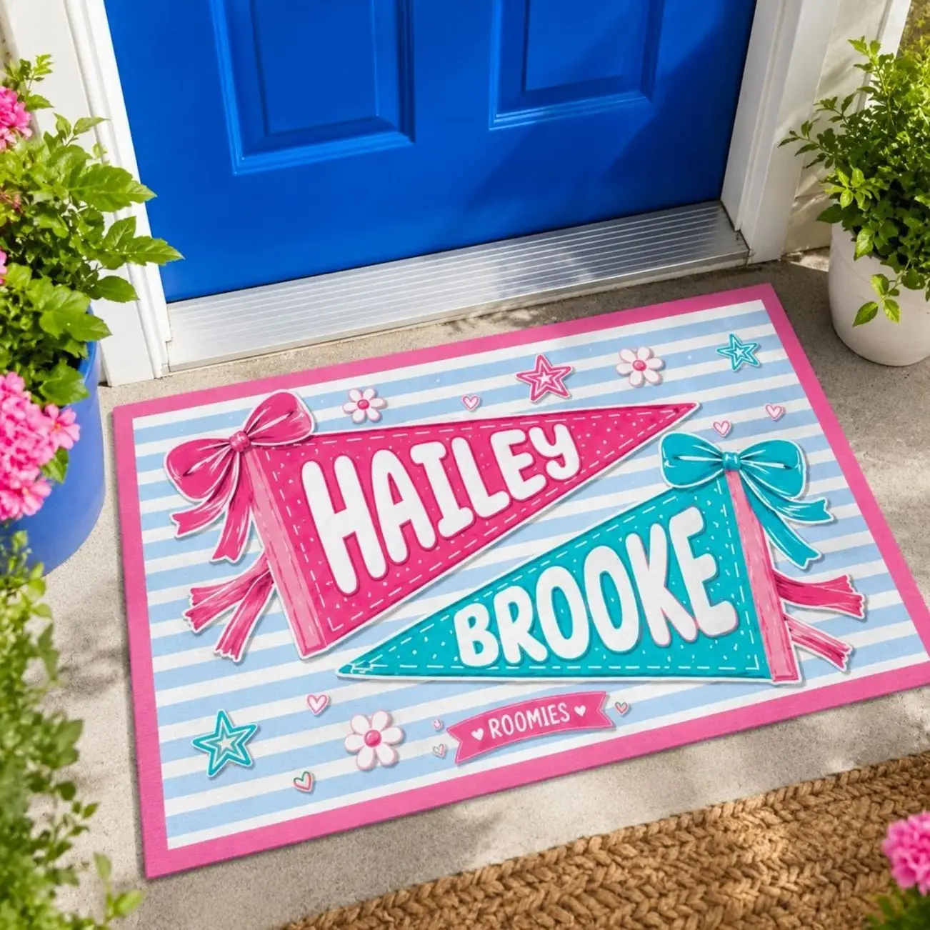 Personalized Roomies Name Doormat, Custom Teal Coquette Bow Dorm Entrance Mat, Move In Day Bestie Gift