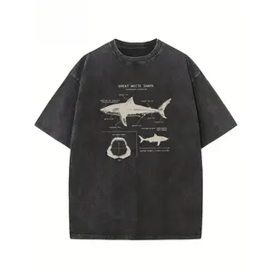 [Vintage Wash] GREAT WHITE SHARK Print Vintage Acid Washed Cotton T-shirt For Men, Suitable For Summer ​ Loose Hip-hop, men's graphics, Casual Short-Sleeve Men's T-Shirts ​   classic rock moon  rocks macco