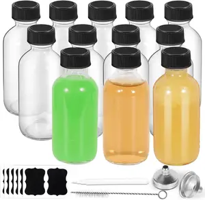 12-Pack 2oz Glass Bottles with Lids - Leakproof 60ml Decorative Boston Round Shot Bottles with Funnels, Brush, Chalk Marker, Labels for Ginger, Juice & Vanilla Extract - Mini Travel Size