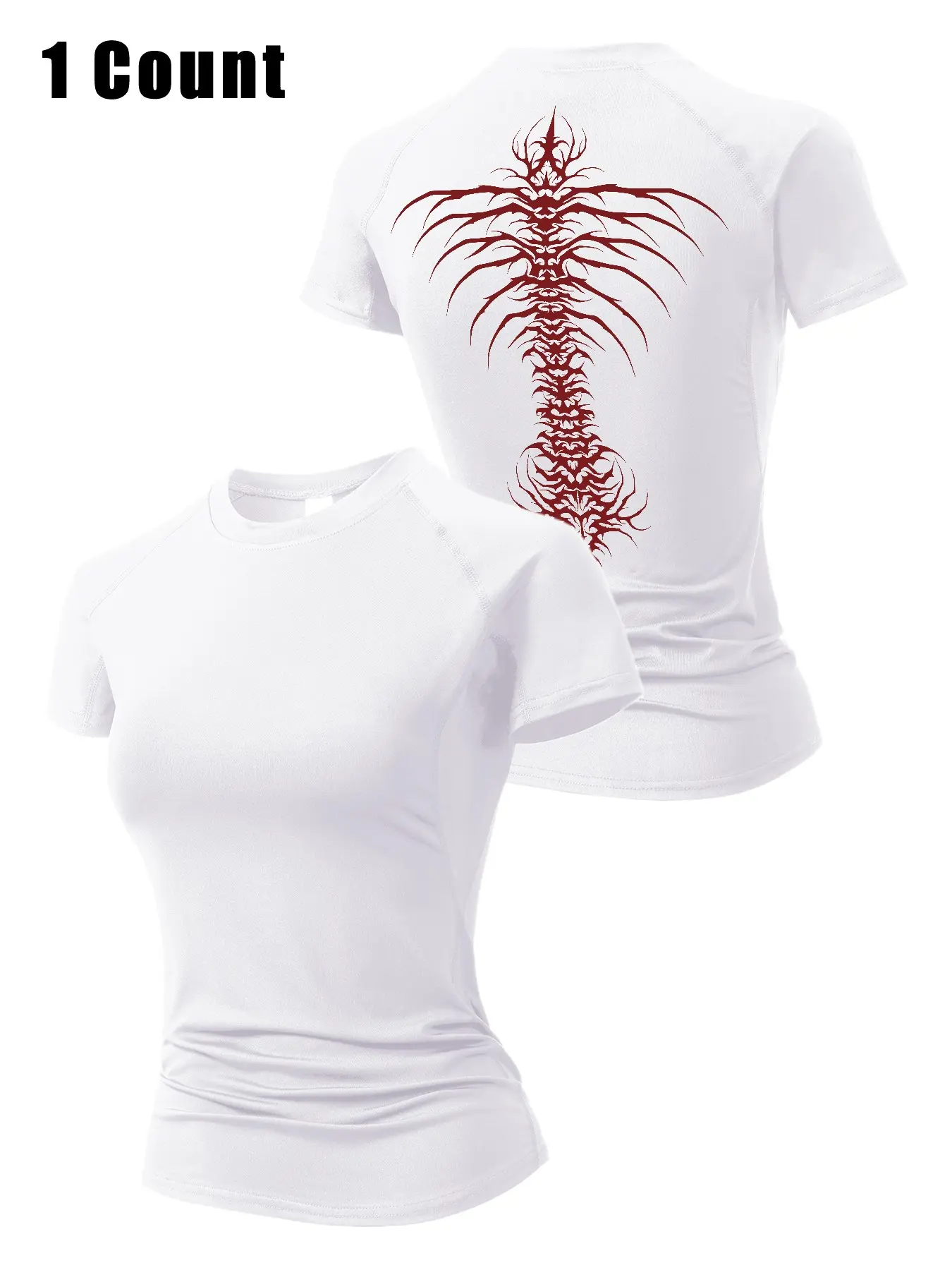 Middle Ages Y2K Gothic Style Dark Skeleton Wings Print Women's Short Sleeve Sport T-Shirt, Summer Quick-Dry Breathable Tight Fit Workout Top, Casual Workout Tops, Athletic Tops, Casual Workout Shirts