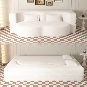 Modern Floor Sofa with 2 Pillows Convertible Teddy Fabric Foam Filled Sleeper Sofa Bed 15 Full Size Folding Mattress for Living Room Guest Bed Playroom No Assembly Required Beige New Sku W1885P 272259