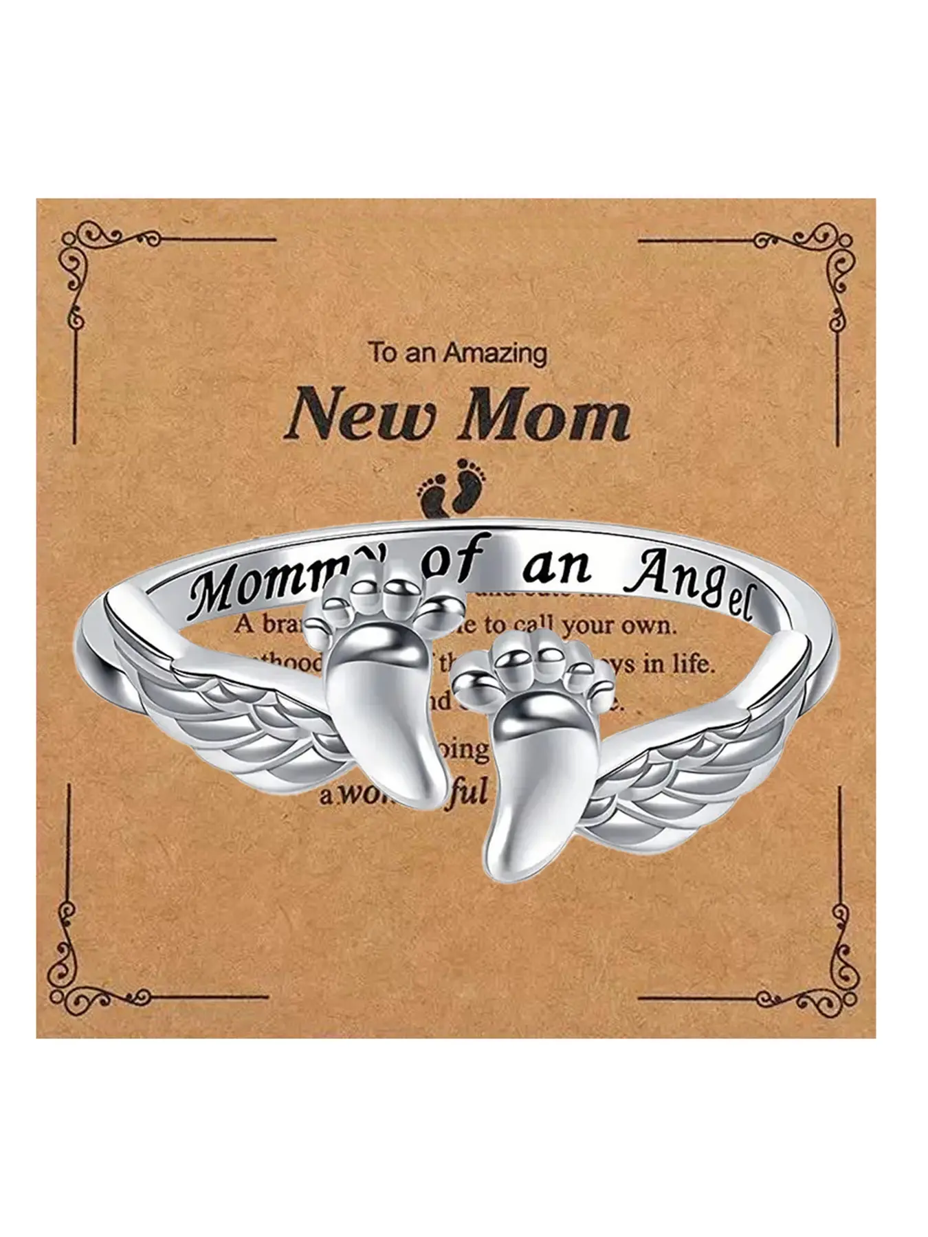 Baby Footprint Angel Wings Ring, Gift for Pregnant Women, New Mom Jewelry, Elegant Fashion, High-Quality, Christmas Birthday Present