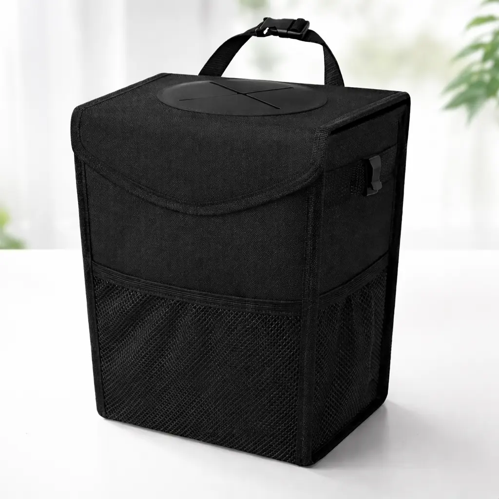 Car Trash Can with Lid, Cute Leakproof Car Trash Garbage Bag Hanging Vehicle Trash Bin Small Portable Automotive Garbage Cans Organizer for Back/Front Seat/Console(Trapezoid,Black)