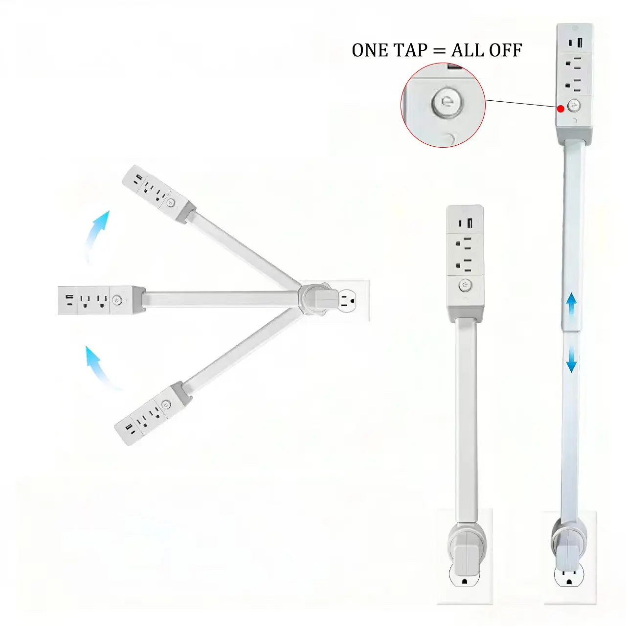 EAZY Multifunctional Socket Wall Mount - Compact Indoor Outlet Extender with 3-in-1 Adjustable Telescopic Rotating Tap, 180° Swivel, Independent Power Control Switch, USB Ports, Surge Protector, Fire Prevention, Swiveling, Homes/Offices, 3-In-1 Charging