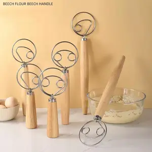Stainless Steel Dough Whisk with Wooden Handle, 1 Count Manual Dough Mixer, Kitchen Baking Tool for Home Baking House, Baking Utensils Supplies, Baking Accessories, Baking Essentials