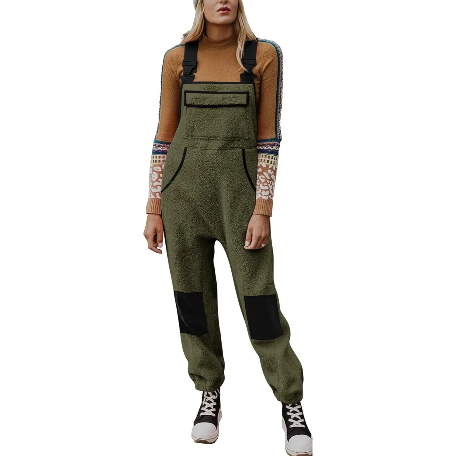 Women's Warm & Functional Sherpa Fleece Overalls - Casual Strappy Jumpsuit with Pockets for Winter Skiing, Lady Professional Sports Outdoor Clothing, Cold Wash, Do Not Bleach, Sleeveless, Pocketed, Bib Pants, Large, Small
