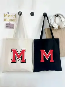 Red Letter M Initial Print Tote Bag Fashionable Shopping Bag for Casual Daily Use  College Campus  Shopping  EcoFriendly Reusable Bag Suitable for Teens and Young Adults  Perfect Birthday Christmas Valentine's Day Gift Idea