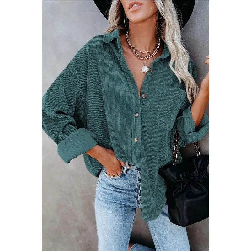 Teal Green Corduroy Long Sleeve Button Up Top