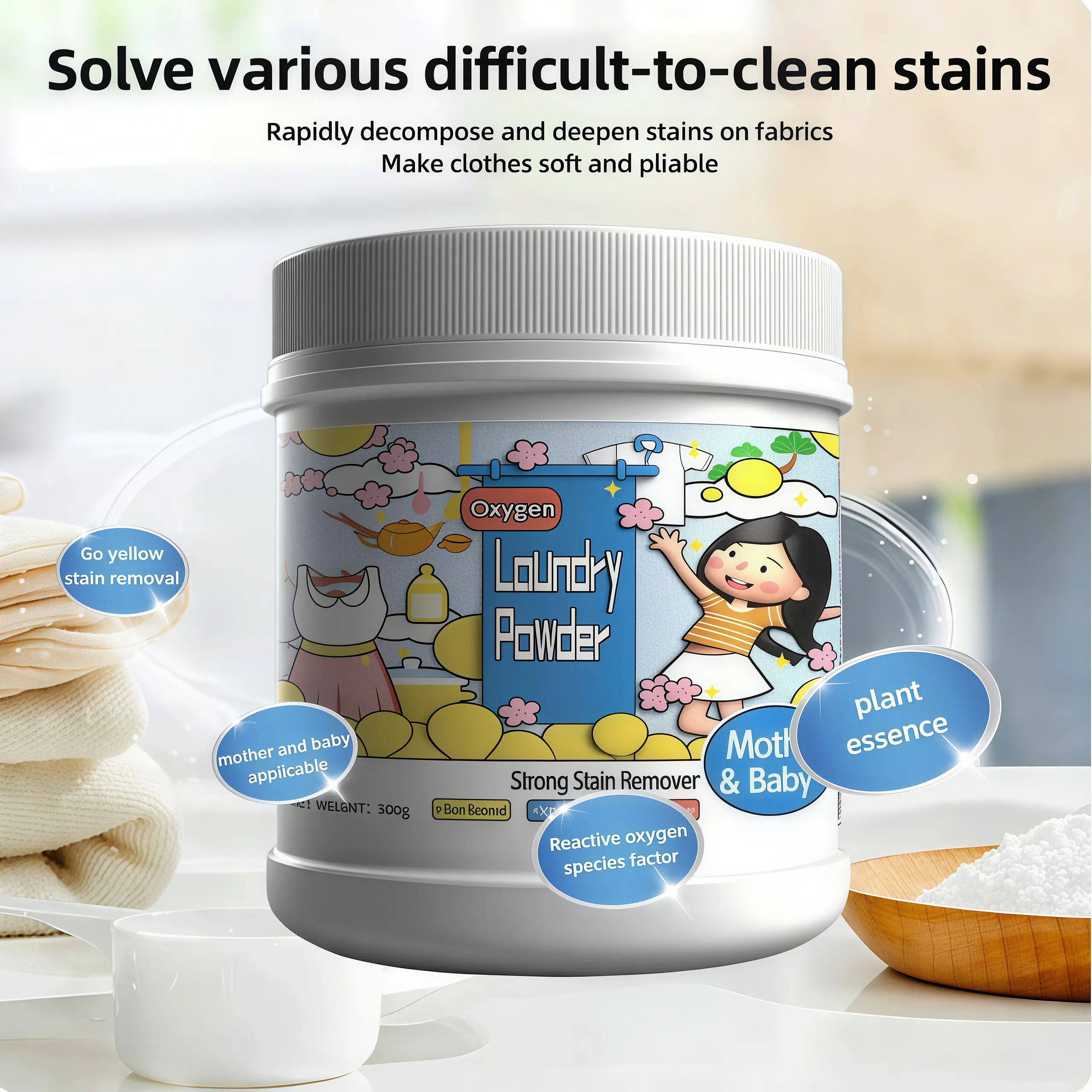 Oxygen Laundry Powder 500g Strong Stain Remover Chlorine-Free Formula Safe for Everyday Fabrics Removes Milk Sweat Oil Fruit Stains Hyper Concentrated Ideal for Mothers and Babies