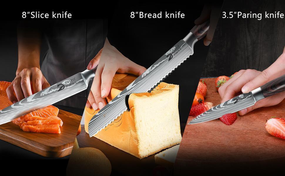 9Pcs Kitchen Knives Set with Roll Bag, Stainless Steel Japanese Damascus Pattern Chef Knife with Knife Sharpener,  Professional Chef Tool,Perfect Christmas & New Year Gift ldea