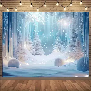 2D Flat, 1pc Ice and Snow World Photography Backdrop, Christmas Winter Frozen Scene Studio Prop for Indoor & Outdoor Party Decor, 2D Flat Material Background, Winter Christmas Theme Background Clo