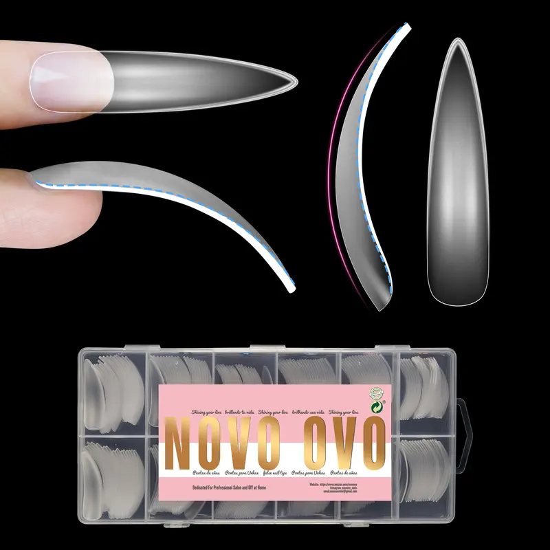 NOVO OVO XXL Curved Almond Stiletto Nail Tips Press on Full Cover, Soft Gel X Extra Thick Long XL Acrylic Hawk Curve Fake Nails Extension Kit, Clear Pre-etched Soft French False Nail 12 Sizes 240 Pcs