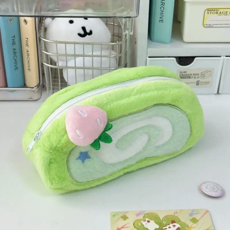 Fun Plush Honeydew Swiss Roll Pencil Case Pencil Bag, Office and School Stationery Supplies, Cake Roll Shape, Strawberry Pattern, Holds 20-25 Pens and Pencils, Soft Material, Perfect Gift