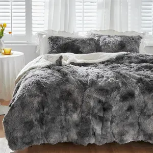 Luxury Faux  Shaggy Comforter Set Full/ Size, Plush & Sherpa Reversible Comforter Tie Dye Black, 3 count Fluffy Fuzzy Bedding Set Ultra Soft and Warm for Winter (1 Comforter + 2 Pillowcases)