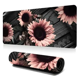 1pc Pink Black Sunflower Butterfly Large Gaming Mouse Pad, Vintage Floral Aesthetic Extended Desk Mat,Office Desk Accessories Non-Slip Stitched Edge Computer Mat ,Rubber Base Laptop Keyboard Pad for Home Office & Gamer,Durable and Spill-Resistant,Ideal Gi